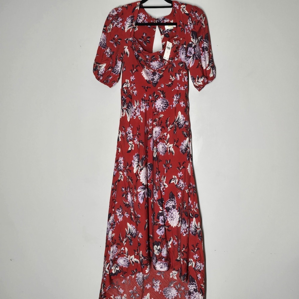 Maeve‎ Floral Midi Dress Women's Size 6 Red High Low Short Sleeve Anthropologie